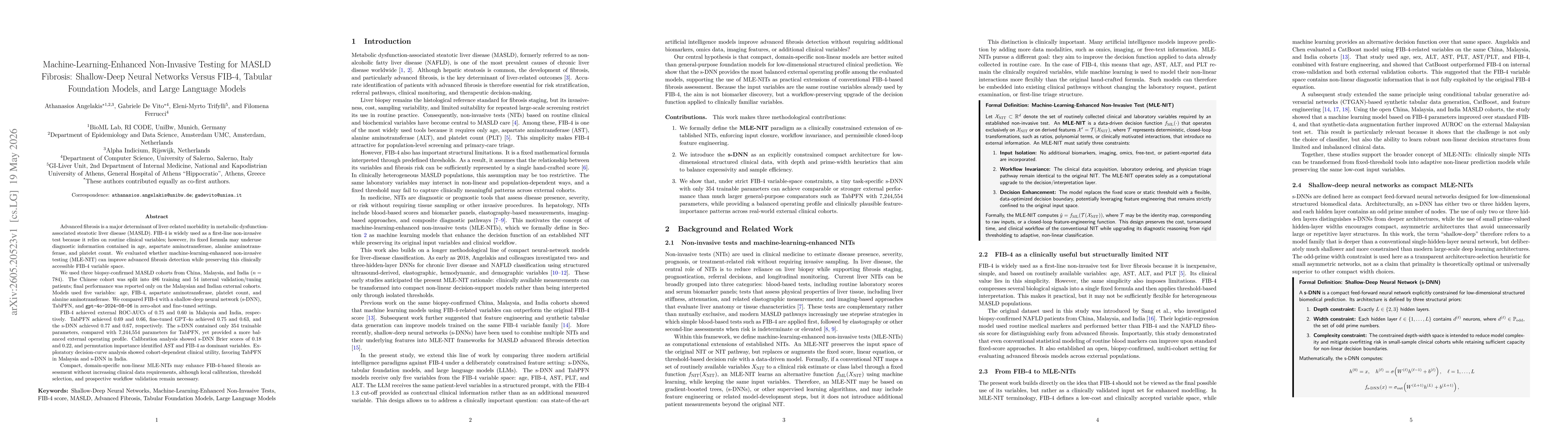 Thumbnail for Machine-Learning-Enhanced Non-Invasive Testing for MASLD Fibrosis: Shallow-Deep Neural Networks Versus FIB-4, Tabular Foundation Models, and Large Language Models