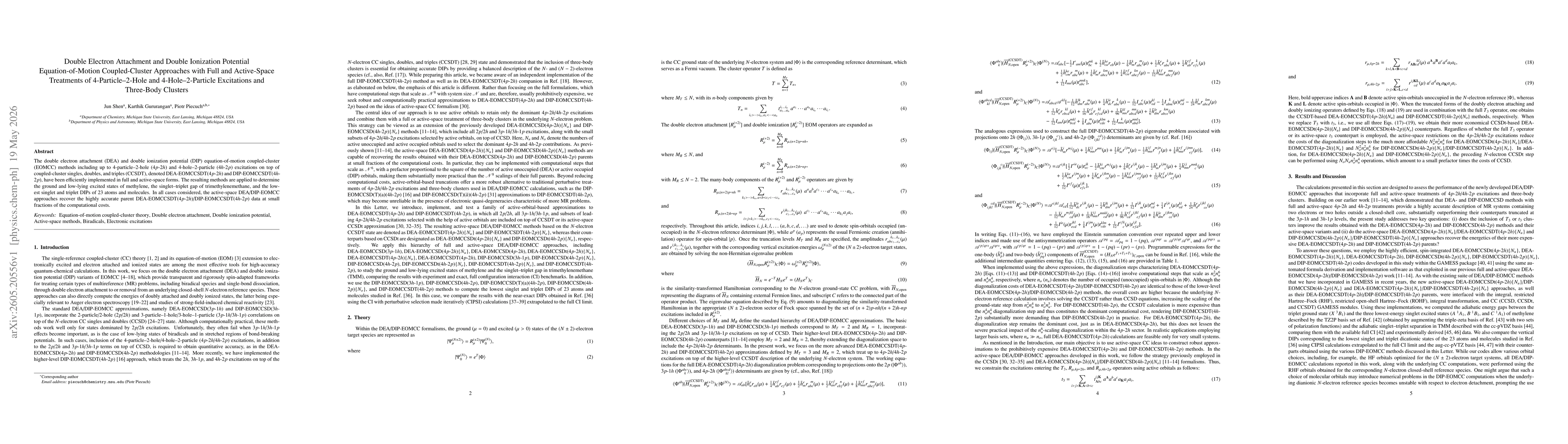 Thumbnail for Double Electron Attachment and Double Ionization Potential Equation-of-Motion Coupled-Cluster Approaches with Full and Active-Space Treatments of 4-Particle-2-Hole and 4-Hole-2-Particle Excitations and Three-Body Clusters