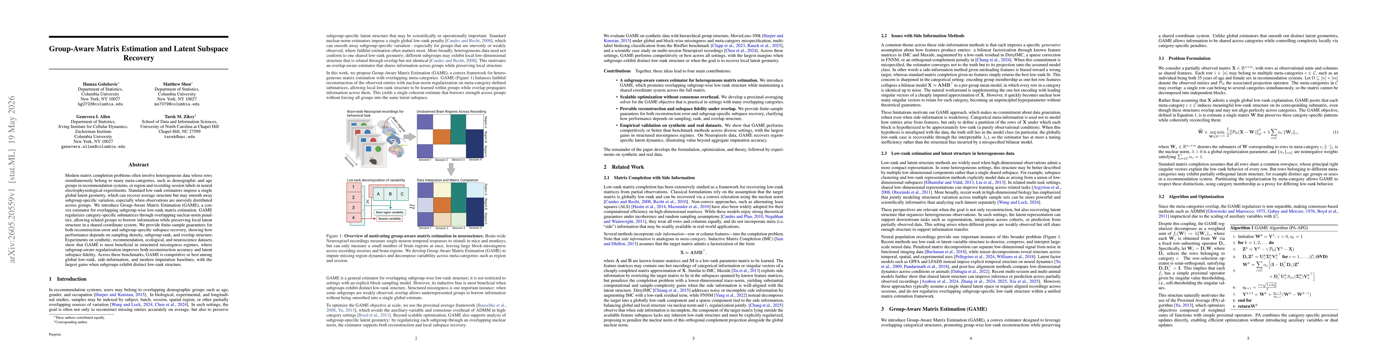 Thumbnail for Group-Aware Matrix Estimation and Latent Subspace Recovery