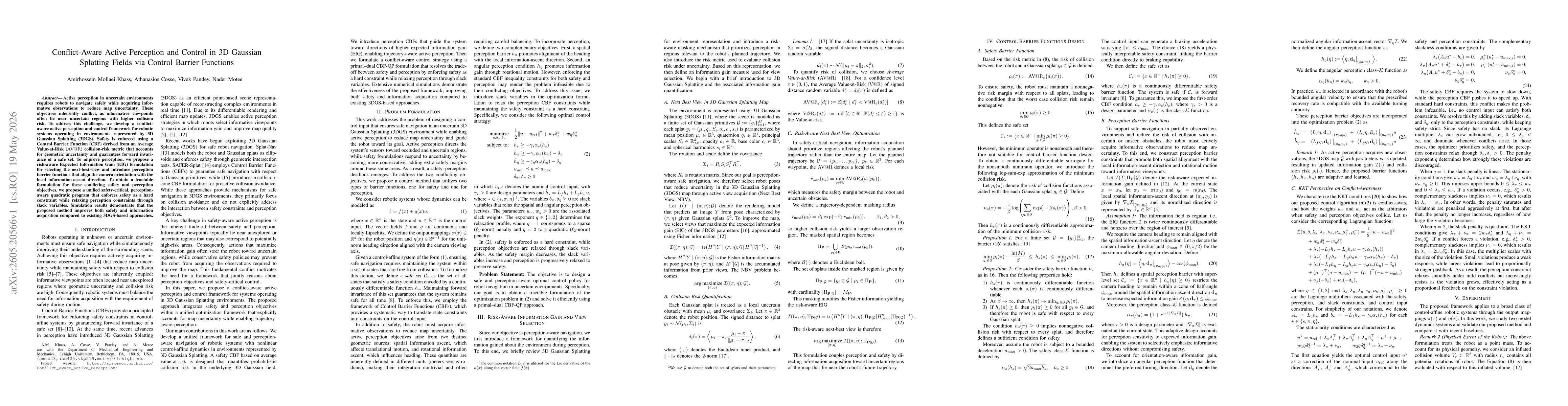 Thumbnail for Conflict-Aware Active Perception and Control in 3D Gaussian Splatting Fields via Control Barrier Functions