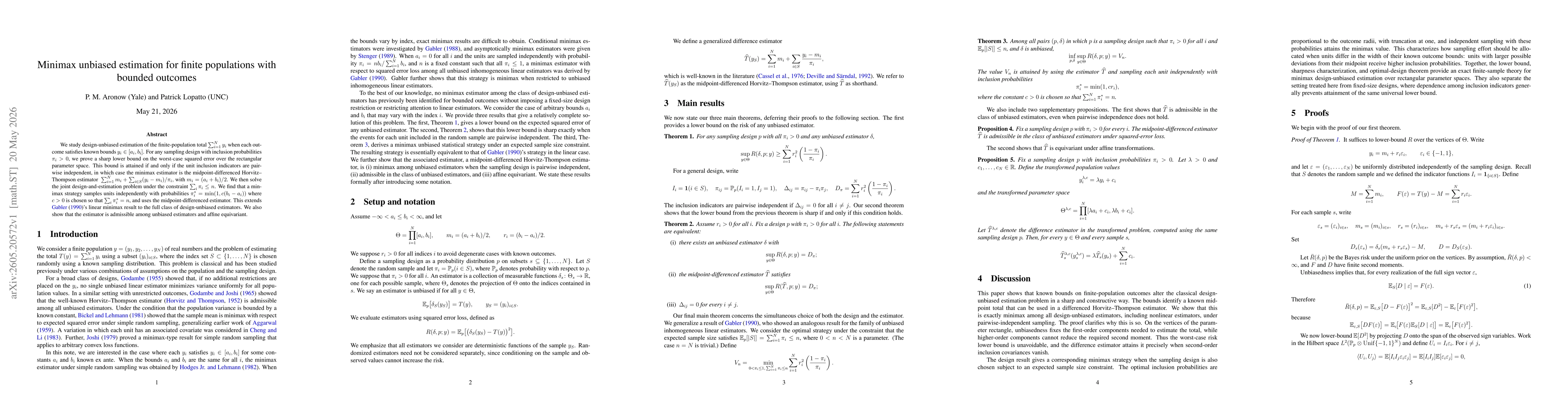 Thumbnail for Minimax unbiased estimation for finite populations with bounded outcomes
