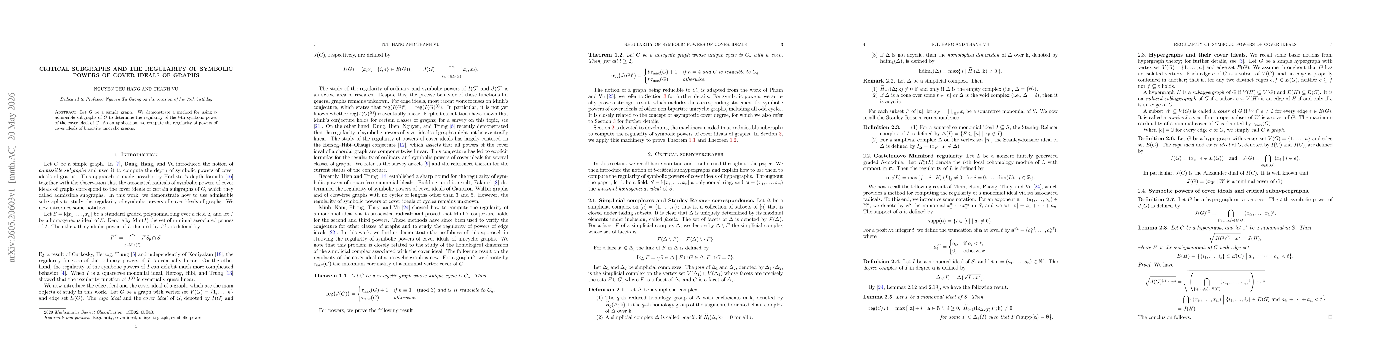 Thumbnail for Critical subgraphs and the regularity of symbolic powers of cover ideals of graphs