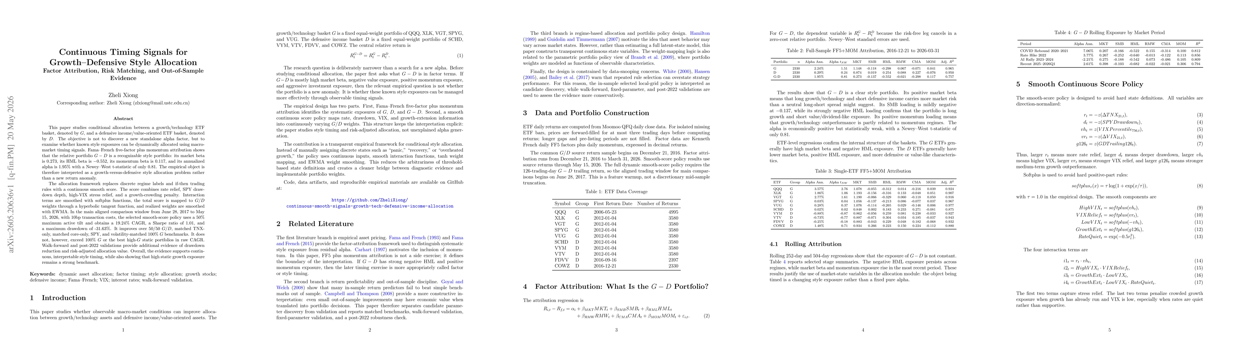 Thumbnail for Continuous Timing Signals for Growth-Defensive Style Allocation: Factor Attribution, Risk Matching, and Out-of-Sample Evidence