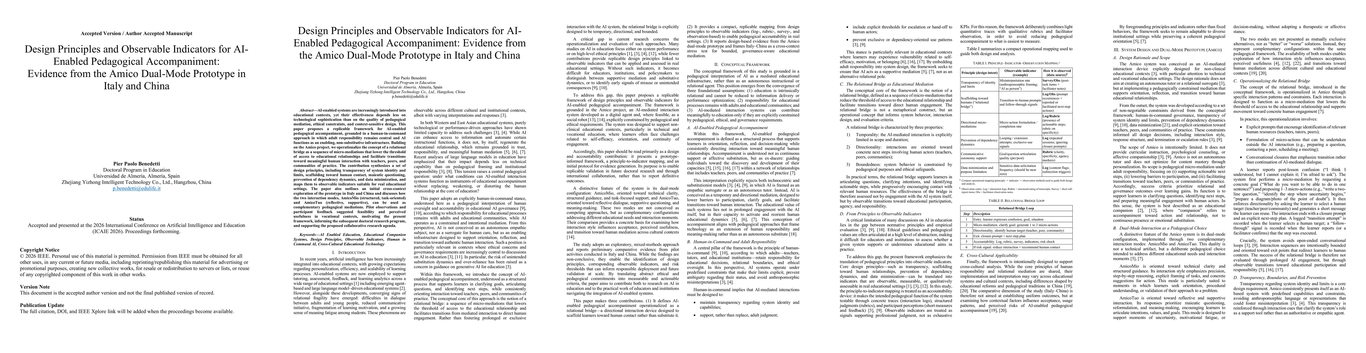 Thumbnail for Design Principles and Observable Indicators for AI-Enabled Pedagogical Accompaniment: Evidence from the Amico Dual-Mode Prototype in Italy and China