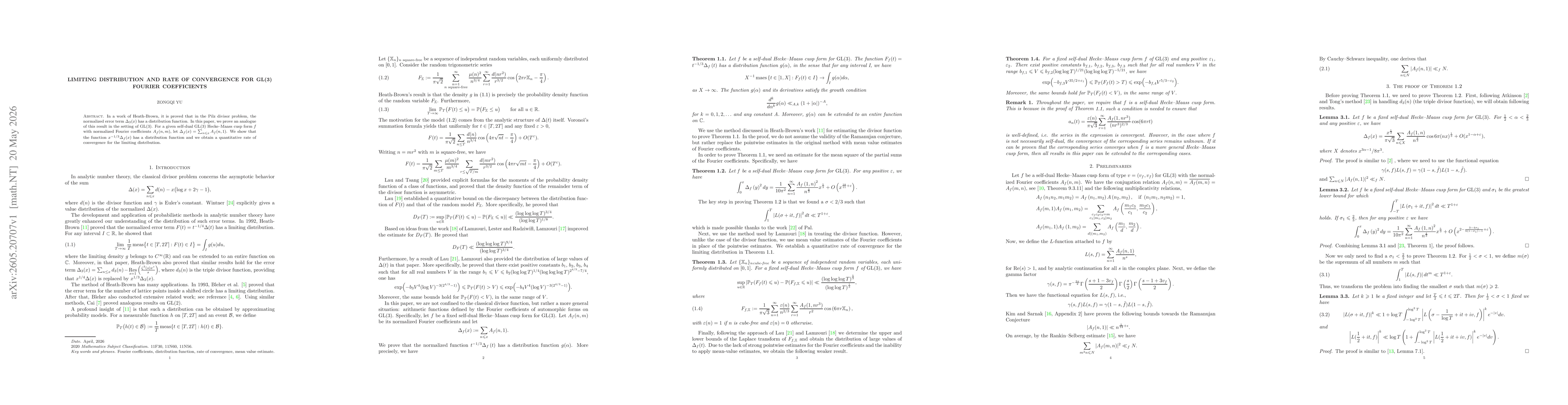 Thumbnail for Limiting Distribution and Rate of Convergence for GL(3) Fourier Coefficients