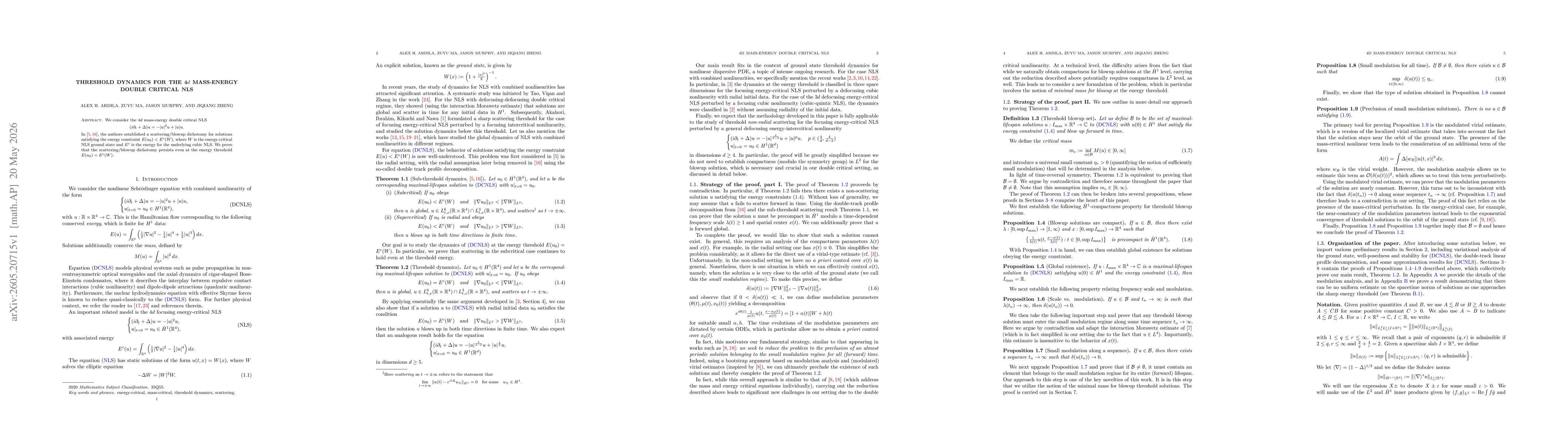 Thumbnail for Threshold dynamics for the 4$d$ mass-energy double critical NLS