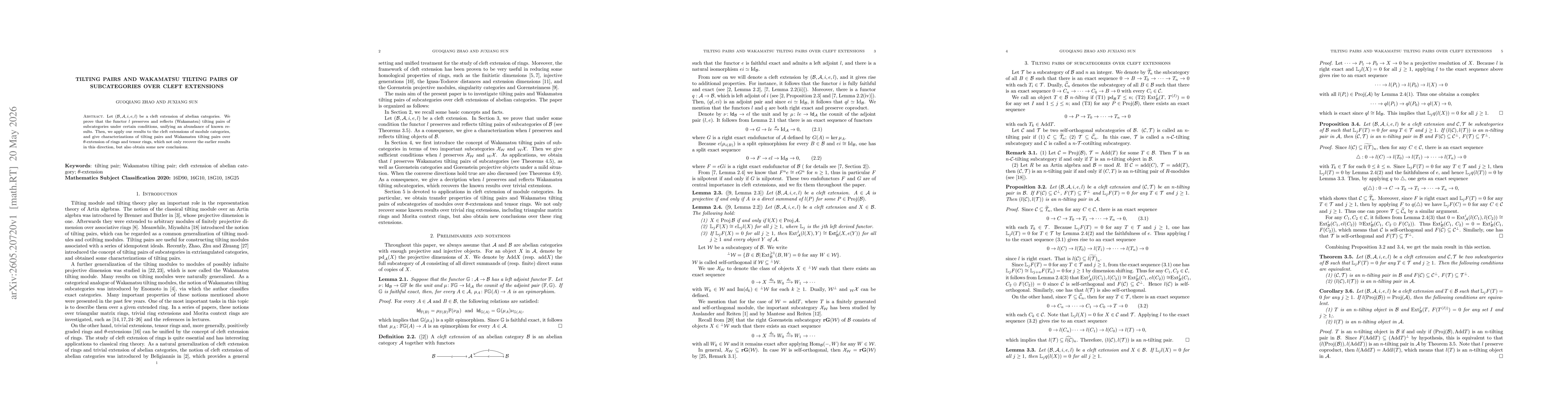 Thumbnail for Tilting pairs and Wakamatsu tilting pairs of subcategories over cleft extensions