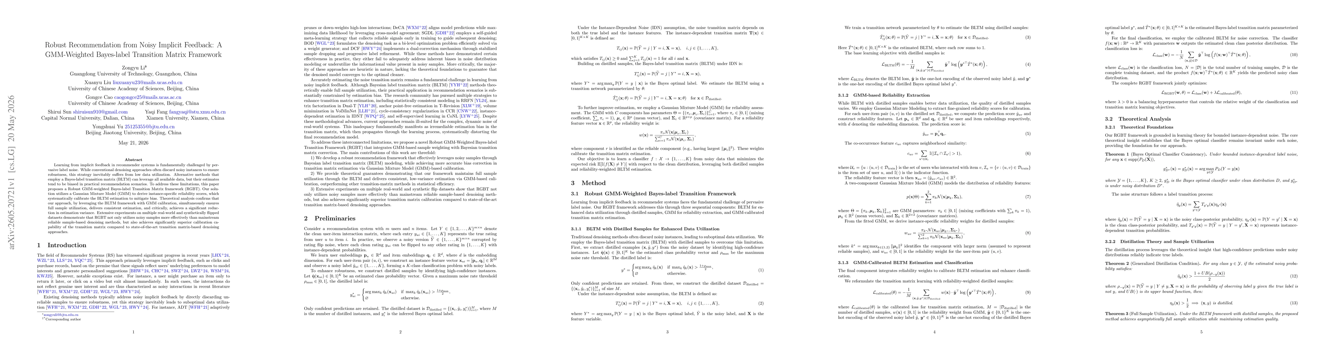 Thumbnail for Robust Recommendation from Noisy Implicit Feedback: A GMM-Weighted Bayes-label Transition Matrix Framework