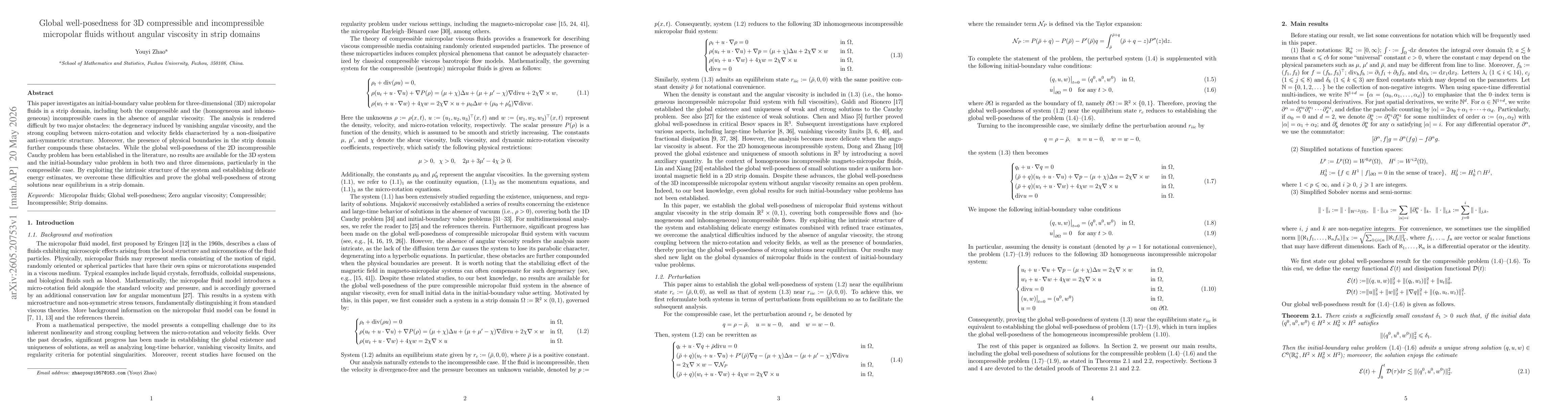 Thumbnail for Global well-posedness for 3D compressible and incompressible micropolar fluids without angular viscosity in strip domains