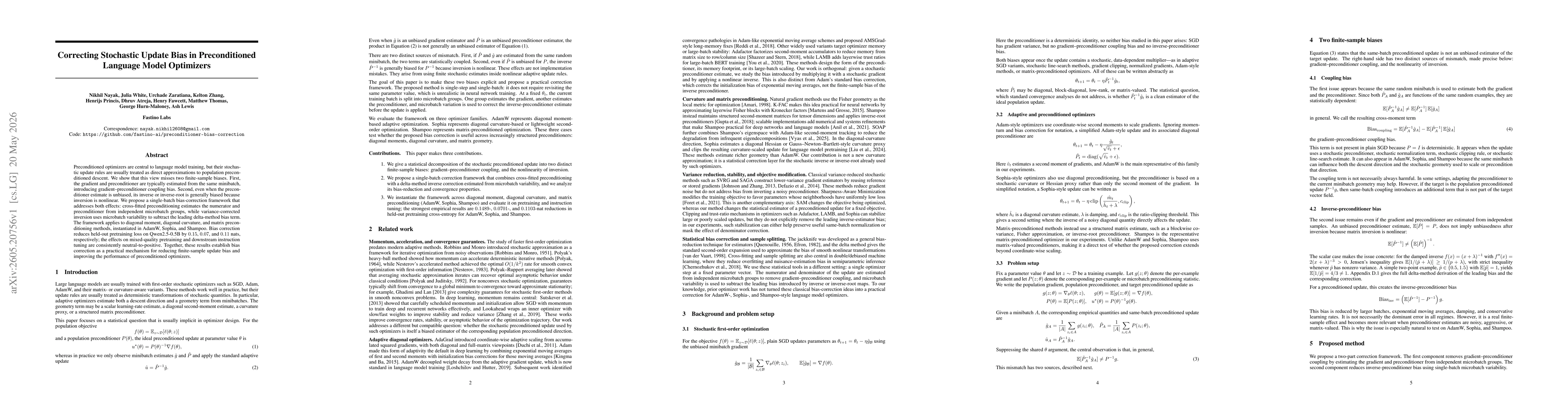 Thumbnail for Correcting Stochastic Update Bias in Preconditioned Language Model Optimizers
