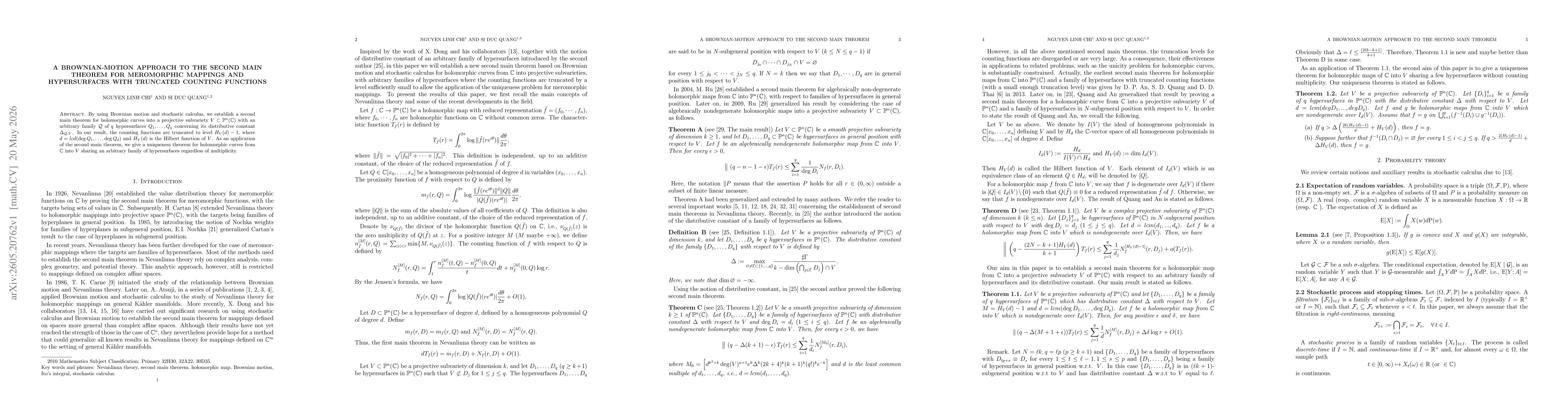 Thumbnail for A Brownian-Motion Approach to the Second Main Theorem for Meromorphic Mappings and Hypersurfaces with Truncated Counting Functions