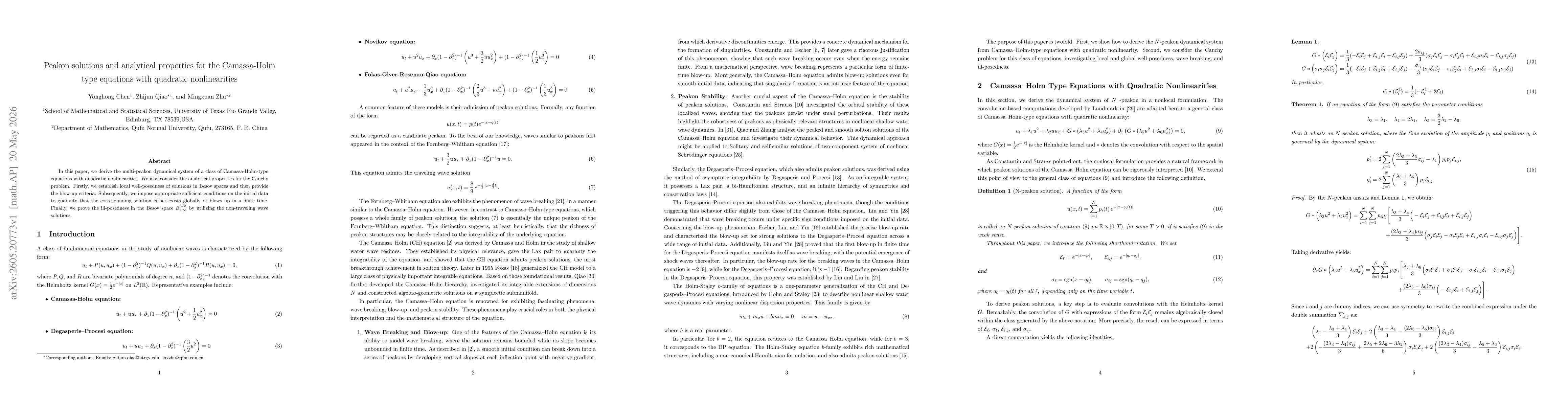 Thumbnail for Peakon solutions and analytical properties for the Camassa-Holm type equations with quadratic nonlinearities
