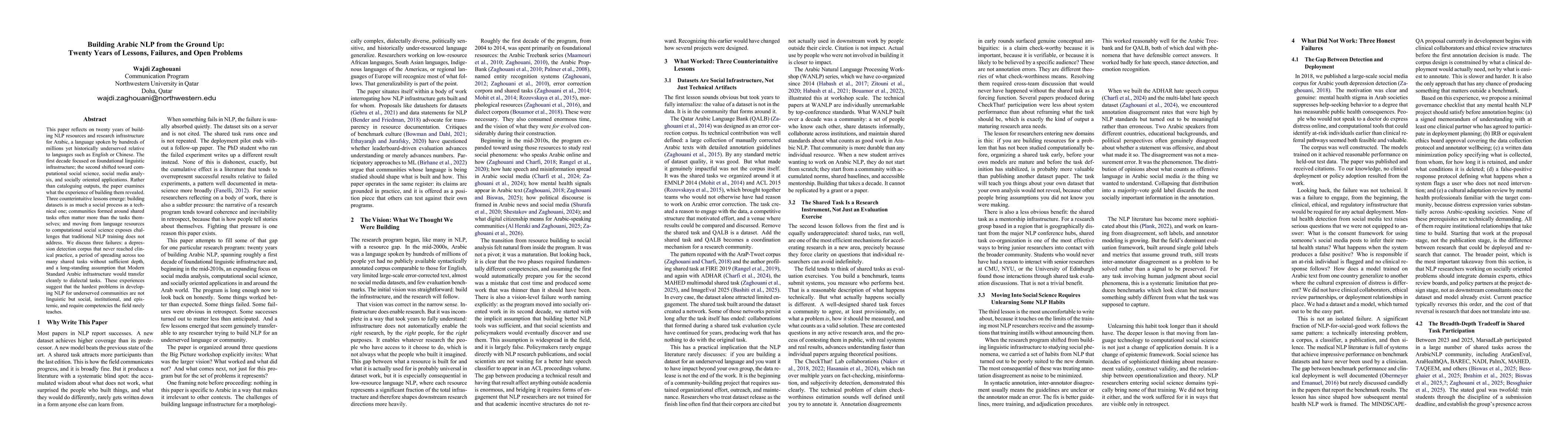 Thumbnail for Building Arabic NLP from the Ground Up: Twenty Years of Lessons, Failures, and Open Problems