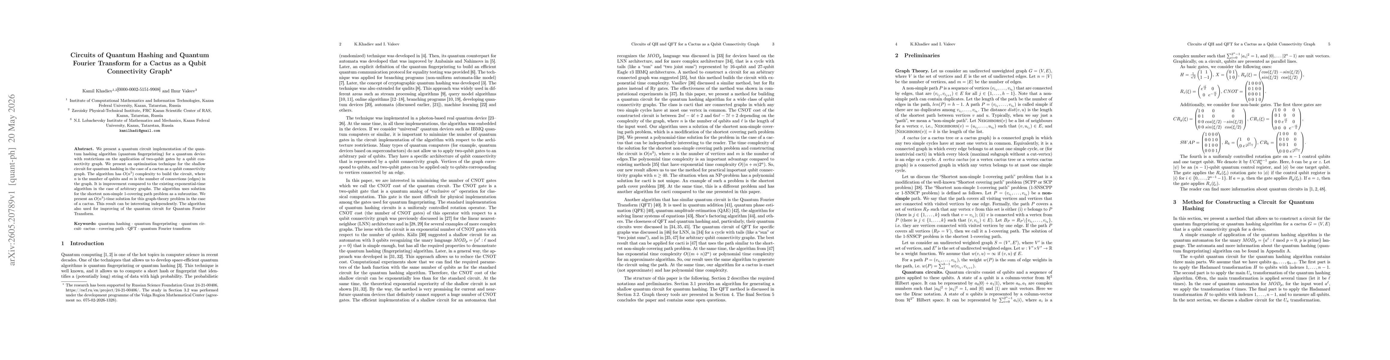 Thumbnail for Circuits of Quantum Hashing and Quantum Fourier Transform for a Cactus as a Qubit Connectivity Graph