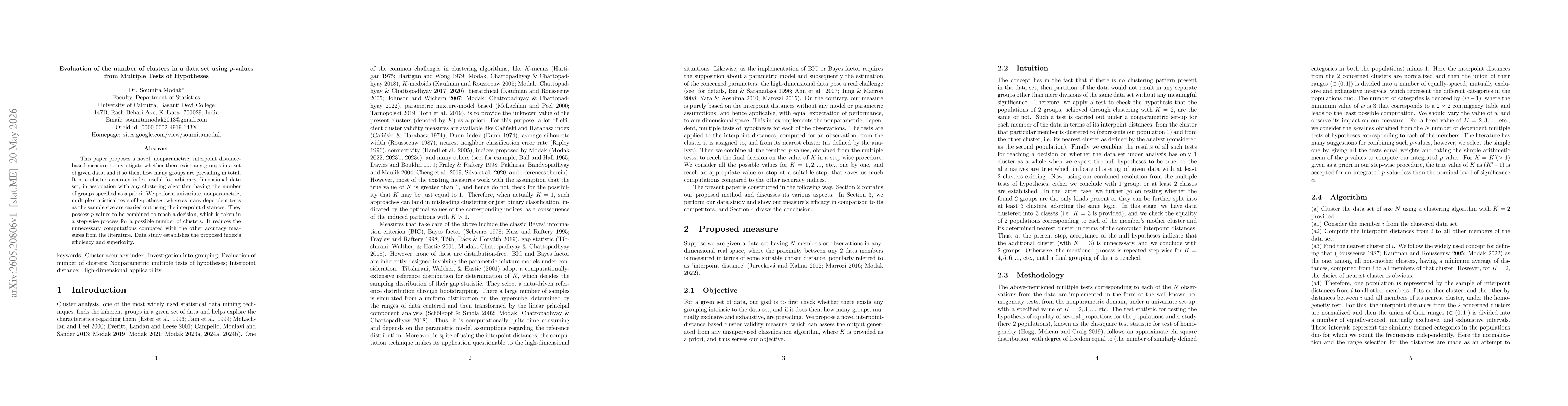 Thumbnail for Evaluation of the number of clusters in a data set using $p$-values from Multiple Tests of Hypotheses