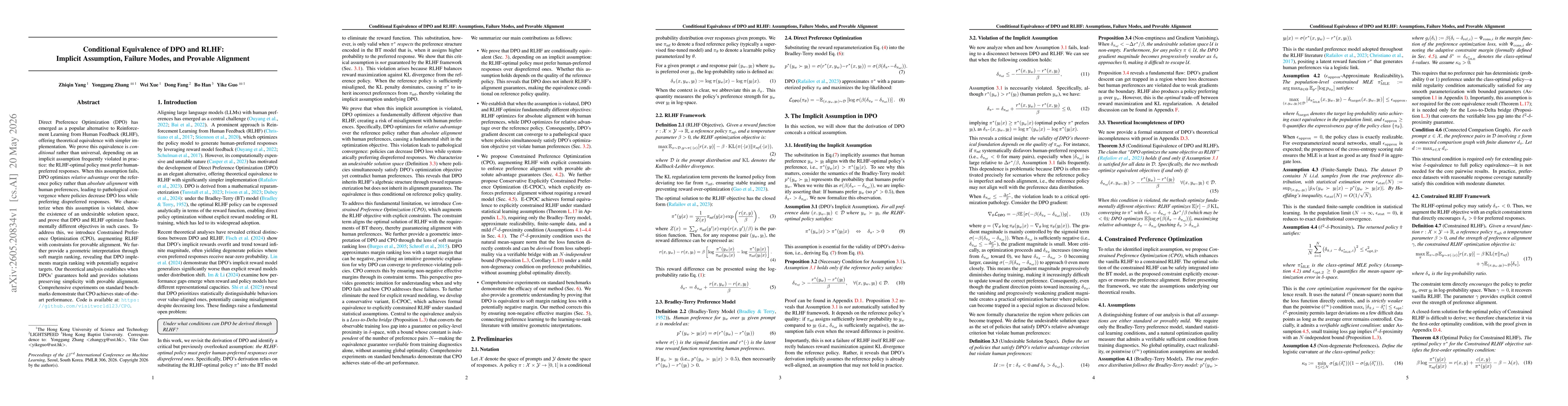 Thumbnail for Conditional Equivalence of DPO and RLHF: Implicit Assumption, Failure Modes, and Provable Alignment