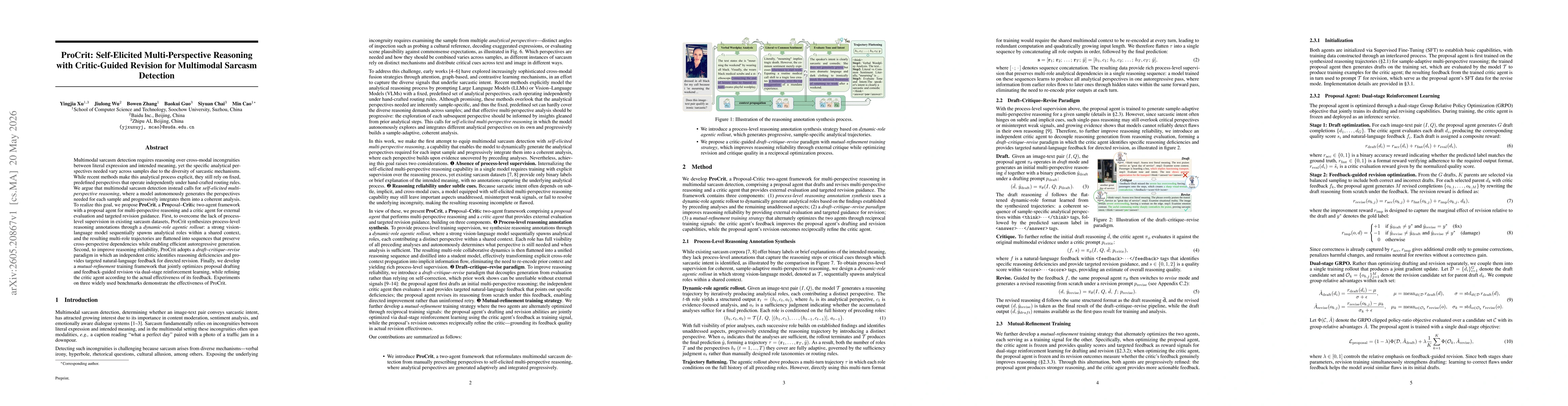 Thumbnail for ProCrit: Self-Elicited Multi-Perspective Reasoning with Critic-Guided Revision for Multimodal Sarcasm Detection