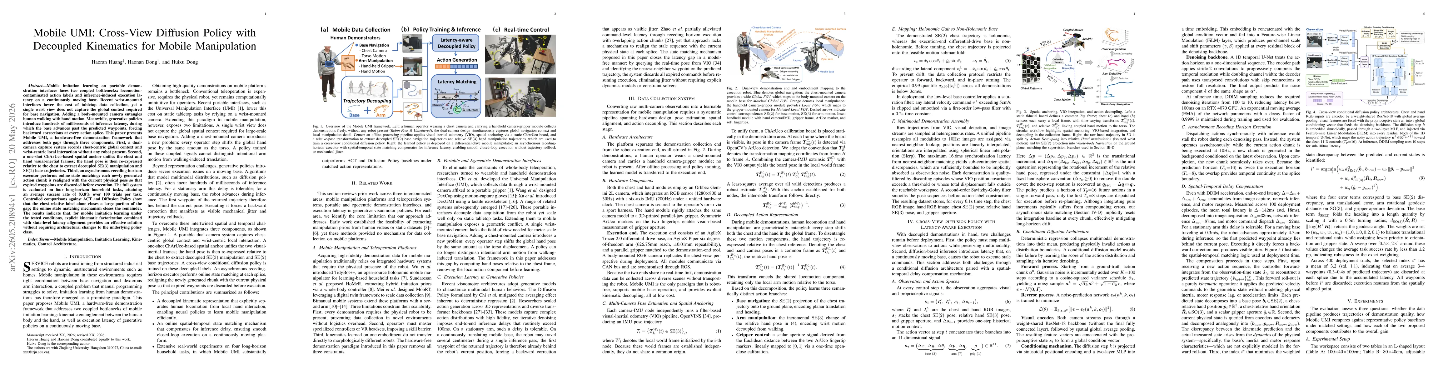 Thumbnail for Mobile UMI: Cross-View Diffusion Policy with Decoupled Kinematics for Mobile Manipulation
