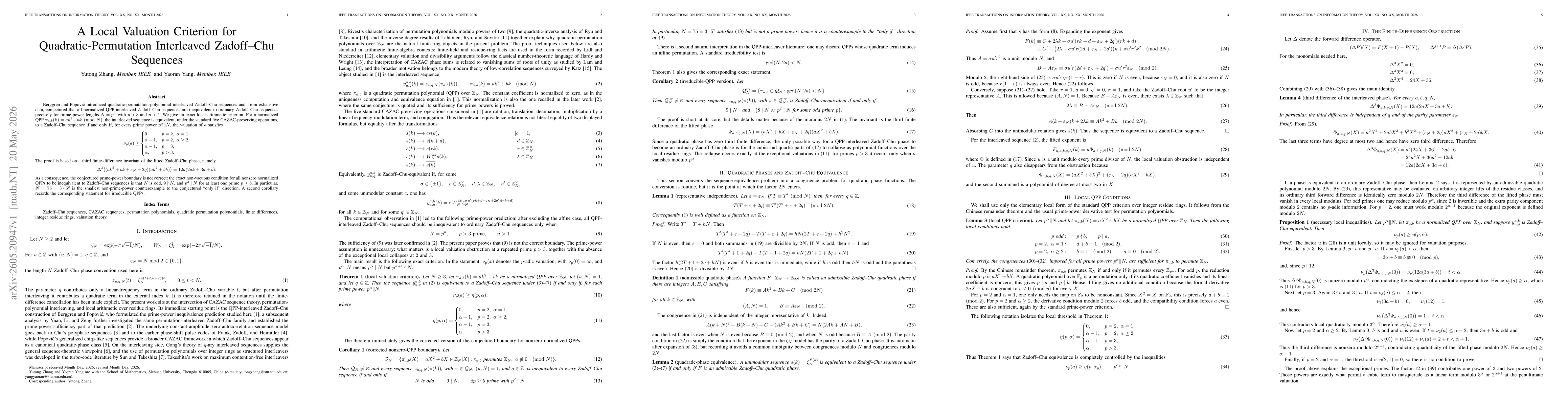 Thumbnail for A Local Valuation Criterion for Quadratic-Permutation Interleaved Zadoff--Chu Sequences