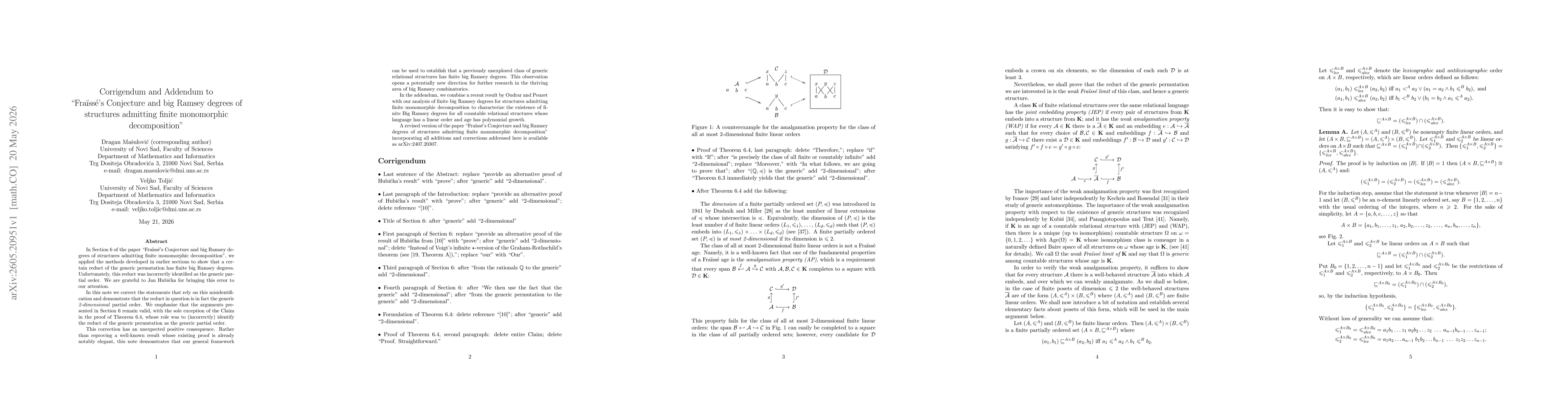 Thumbnail for Corrigendum and Addendum to "Fraïssé's Conjecture and big Ramsey degrees of structures admitting finite monomorphic decomposition''