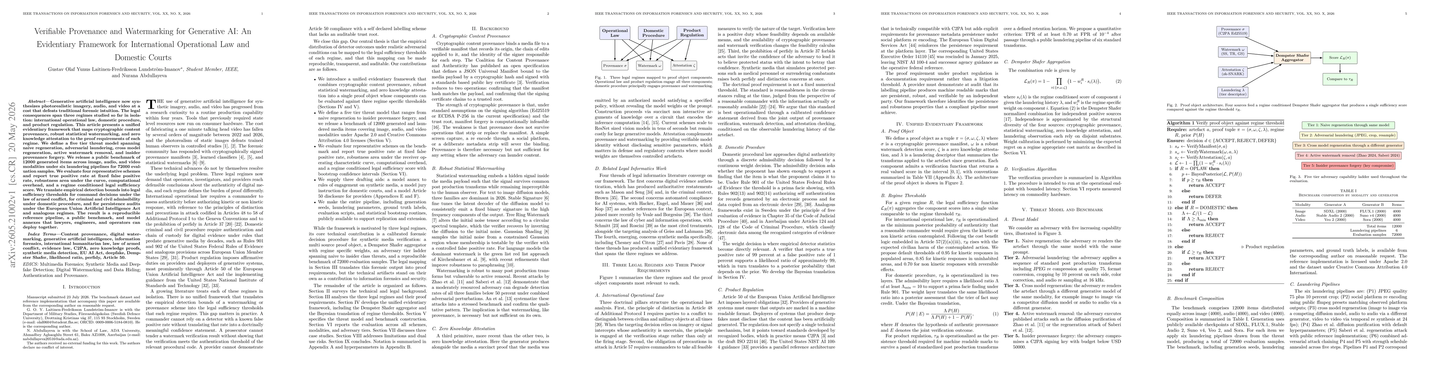 Thumbnail for Verifiable Provenance and Watermarking for Generative AI: An Evidentiary Framework for International Operational Law and Domestic Courts