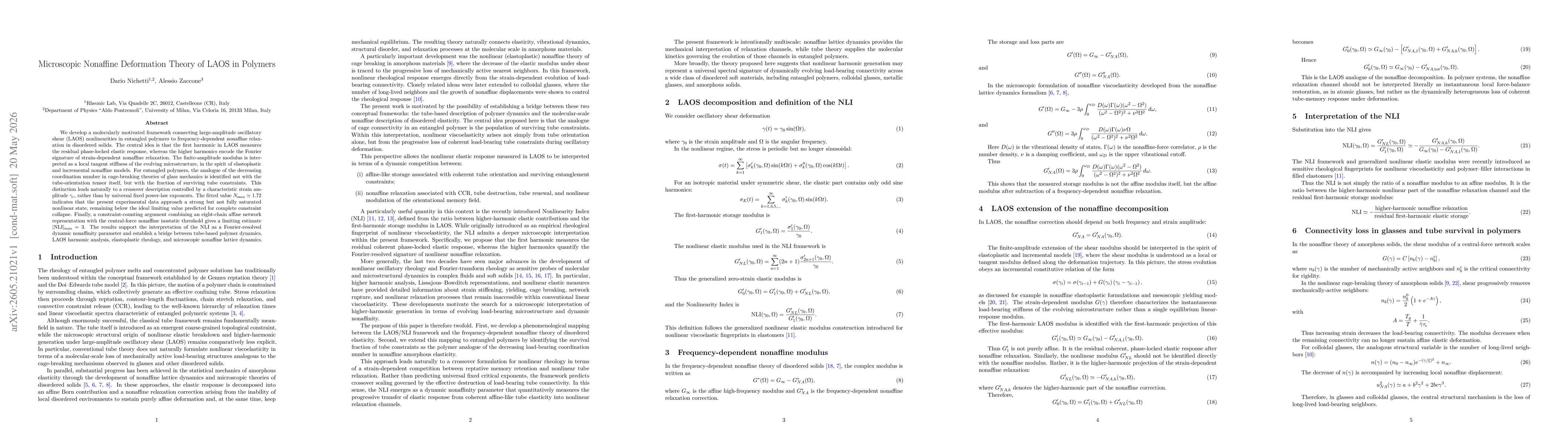 Thumbnail for Microscopic Nonaffine Deformation Theory of LAOS in Polymers