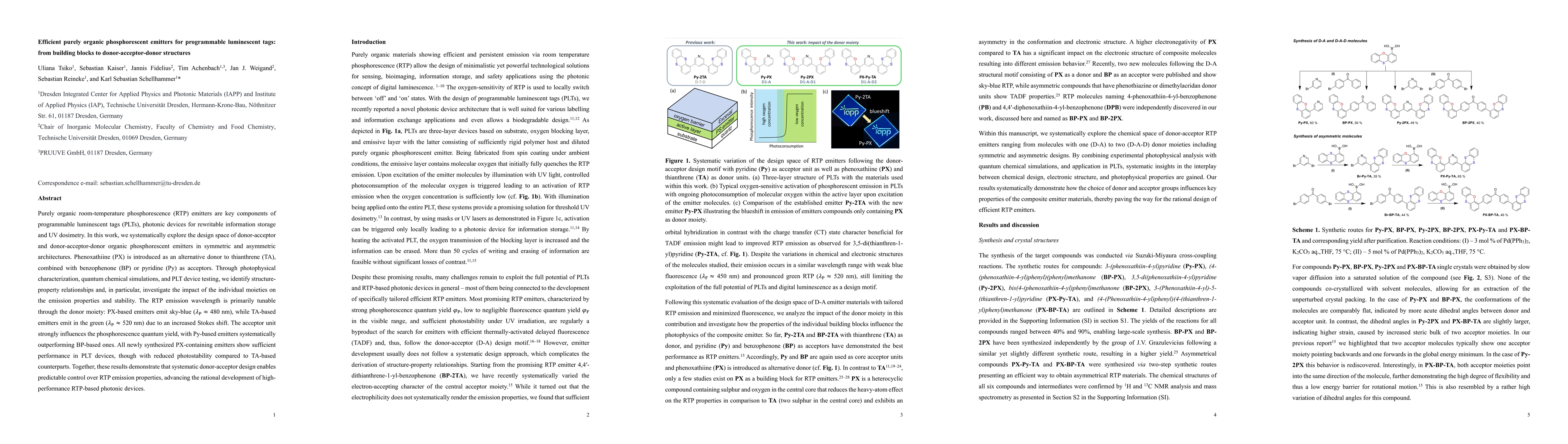 Thumbnail for Efficient purely organic phosphorescent emitters for programmable luminescent tags: from building blocks to donor-acceptor-donor structures