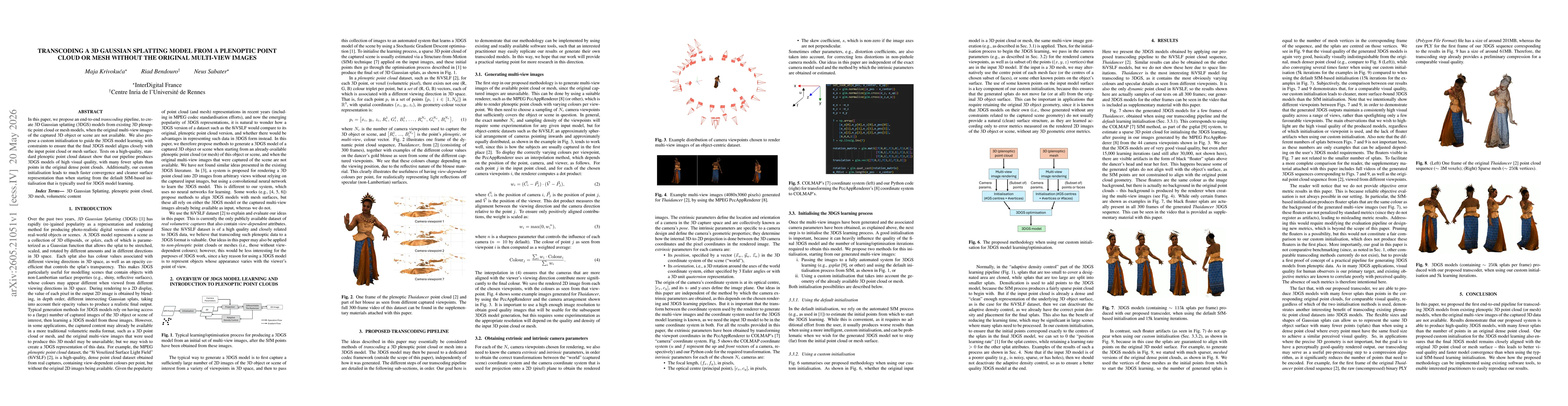 Thumbnail for Transcoding a 3D Gaussian Splatting Model from a Plenoptic Point Cloud or Mesh without the Original Multi-view Images