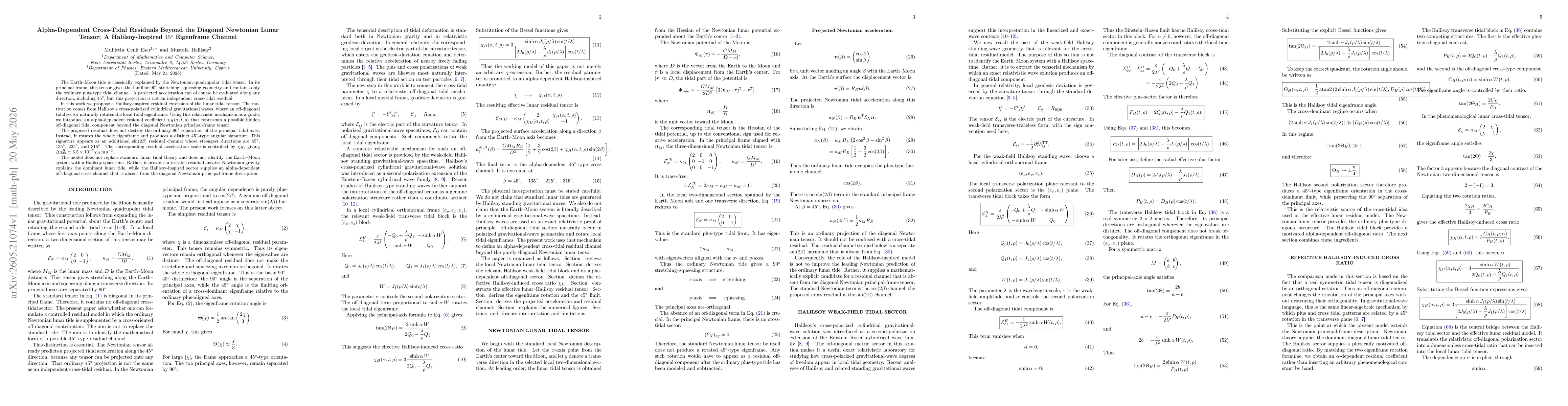Thumbnail for Alpha-Dependent Cross-Tidal Residuals Beyond the Diagonal Newtonian Lunar Tensor: A Halilsoy-Inspired 45° Eigenframe Channel