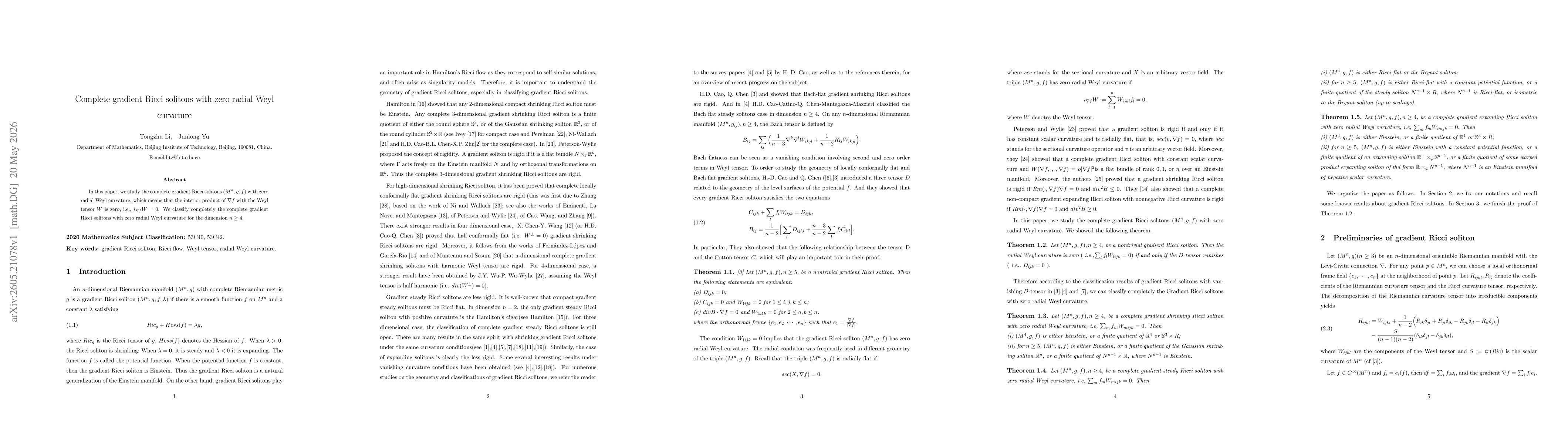 Thumbnail for Complete gradient Ricci solitons with zero radial Weyl curvature