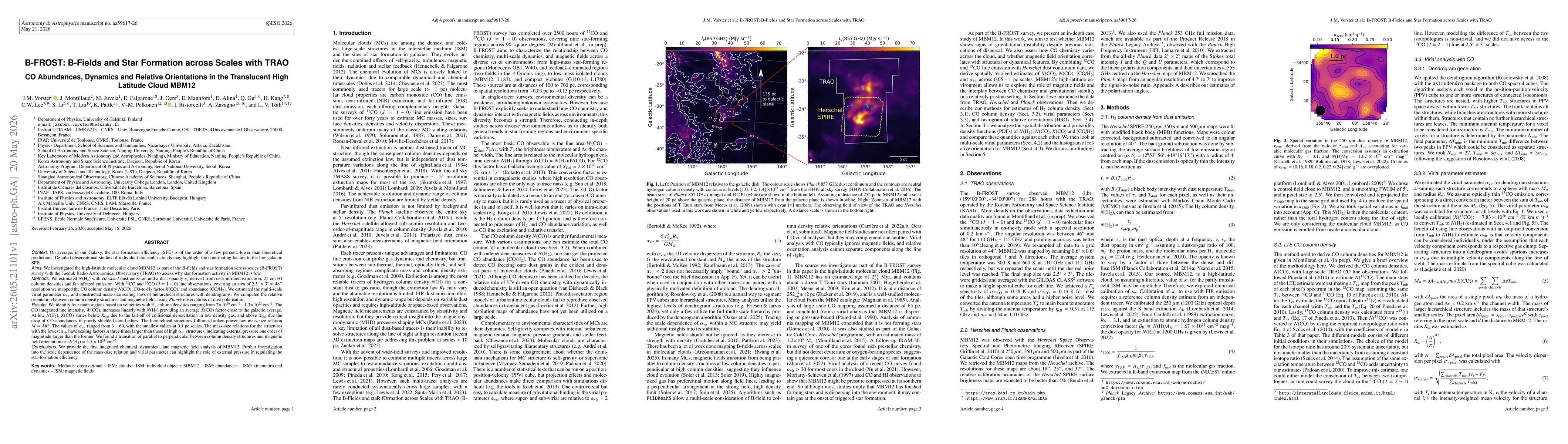Thumbnail for B-Fields and Star Formation across Scales with TRAO (B-FROST): CO Abundances, Dynamics and Relative Orientations in the Translucent High Latitude Cloud MBM12