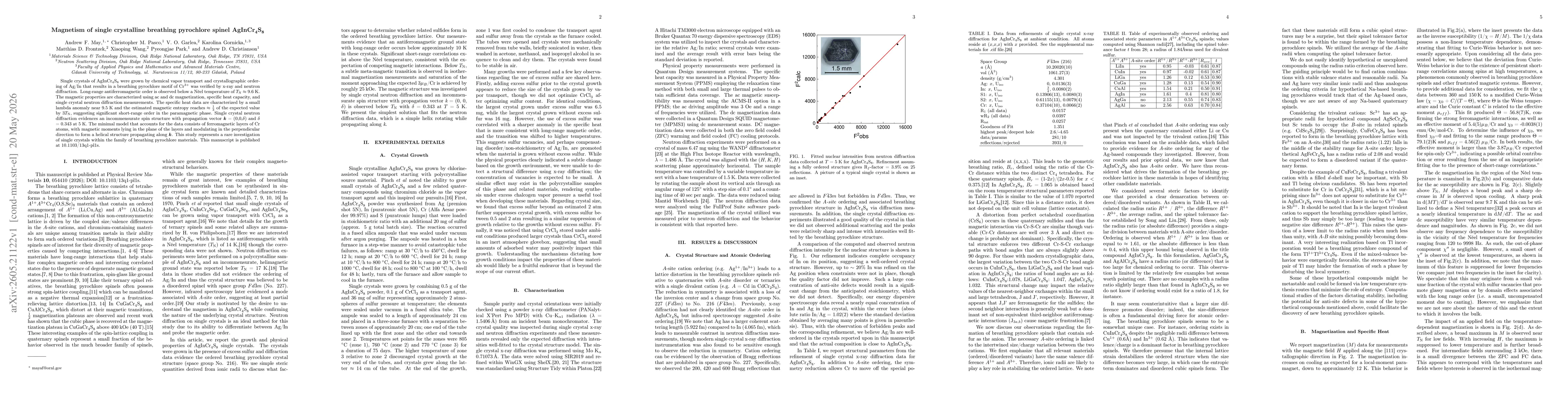 Thumbnail for Magnetism of single crystalline breathing pyrochlore spinel AgInCr4S8