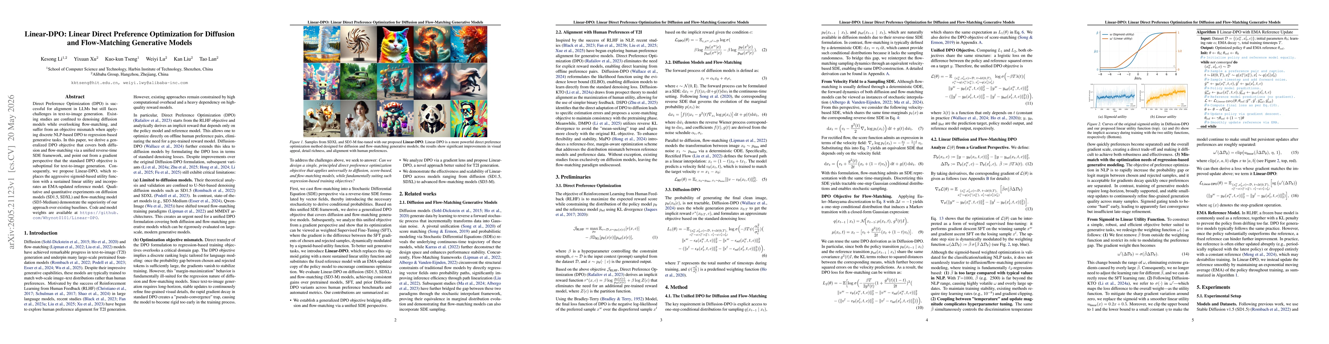 Thumbnail for Linear-DPO: Linear Direct Preference Optimization for Diffusion and Flow-Matching Generative Models