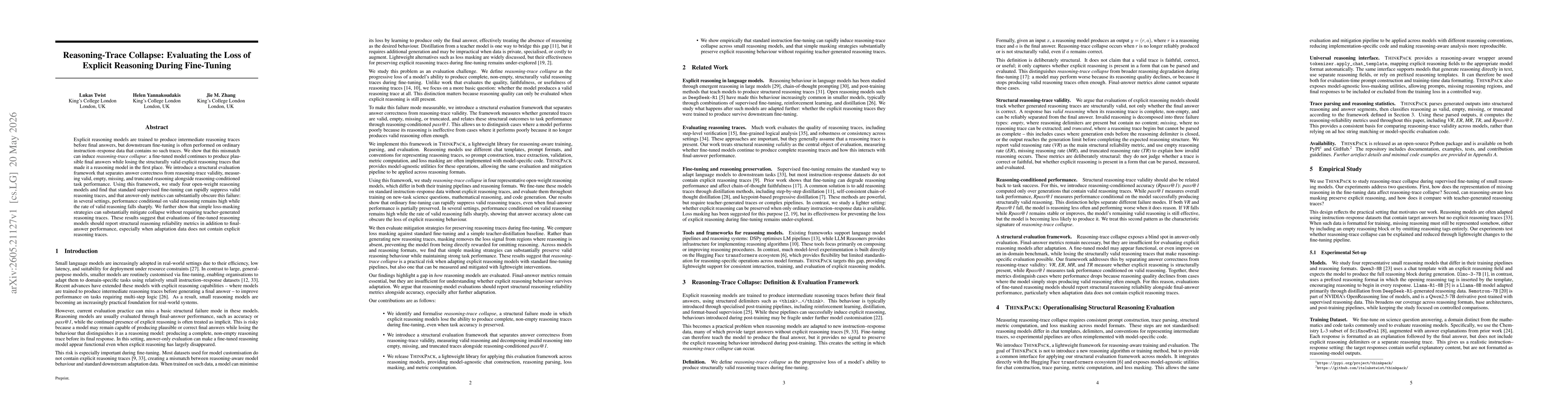 Thumbnail for Reasoning-Trace Collapse: Evaluating the Loss of Explicit Reasoning During Fine-Tuning