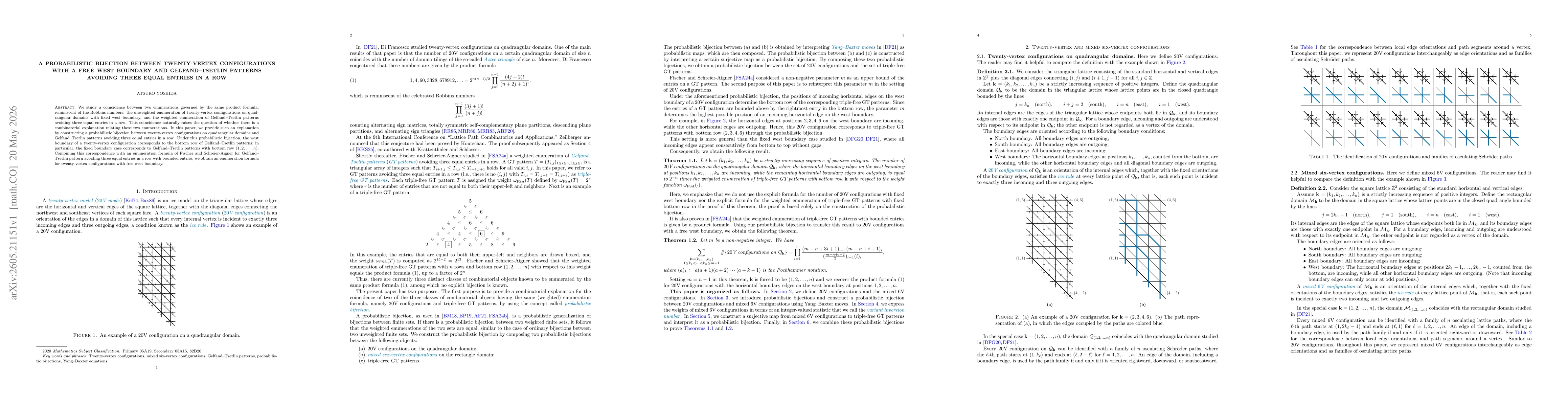 Thumbnail for A probabilistic bijection between twenty-vertex configurations with a free west boundary and Gelfand-Tsetlin patterns avoiding three equal entries in a row