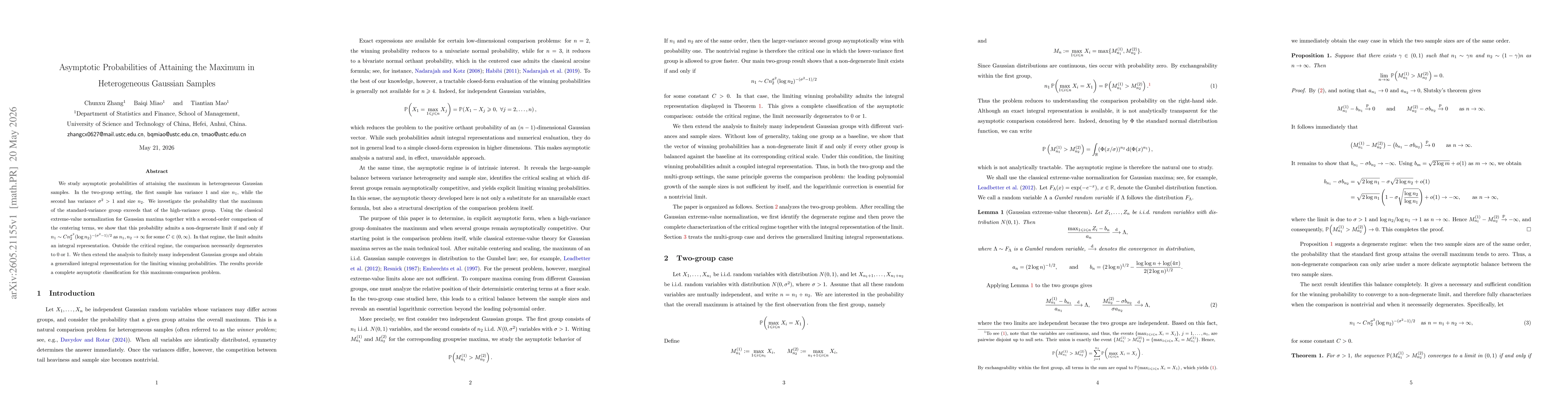 Thumbnail for Asymptotic Probabilities of Attaining the Maximum in Heterogeneous Gaussian Samples