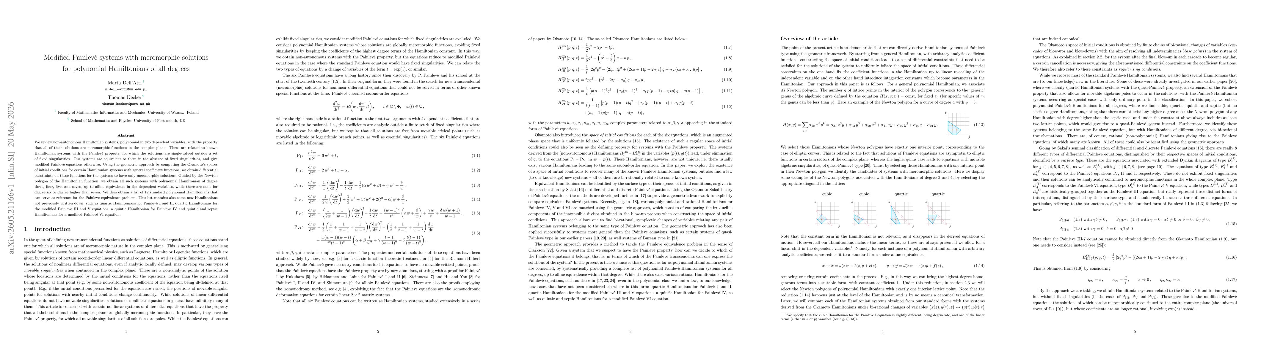 Thumbnail for Modified Painlevé systems with meromorphic solutions for polynomial Hamiltonians of all degrees