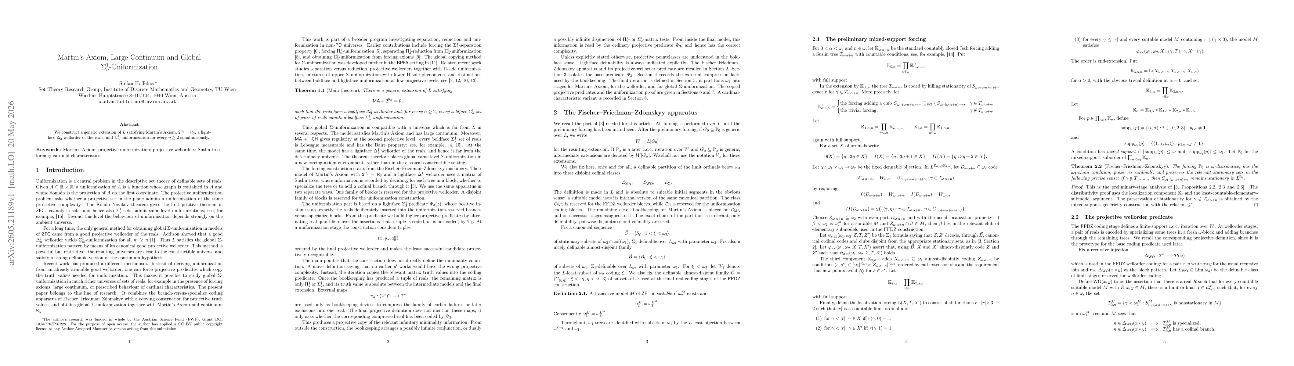 Thumbnail for Martin's Axiom, Large Continuum and Global $Σ^1_n$-Uniformization