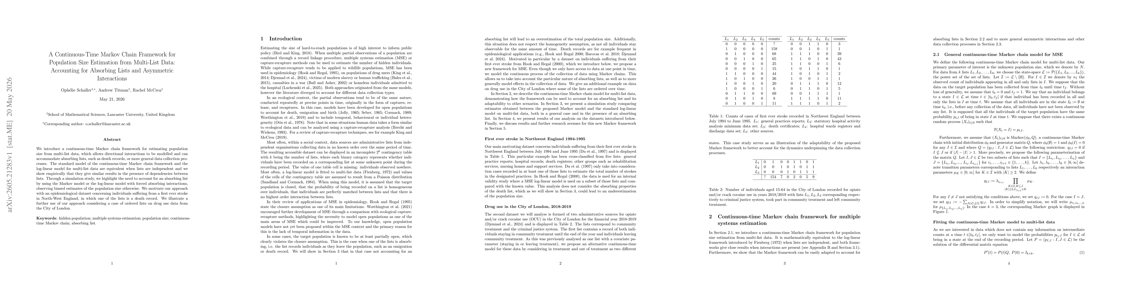 Thumbnail for A continuous-time Markov chain framework for population size estimation from multi-list data: accounting for absorbing lists and asymmetric interactions