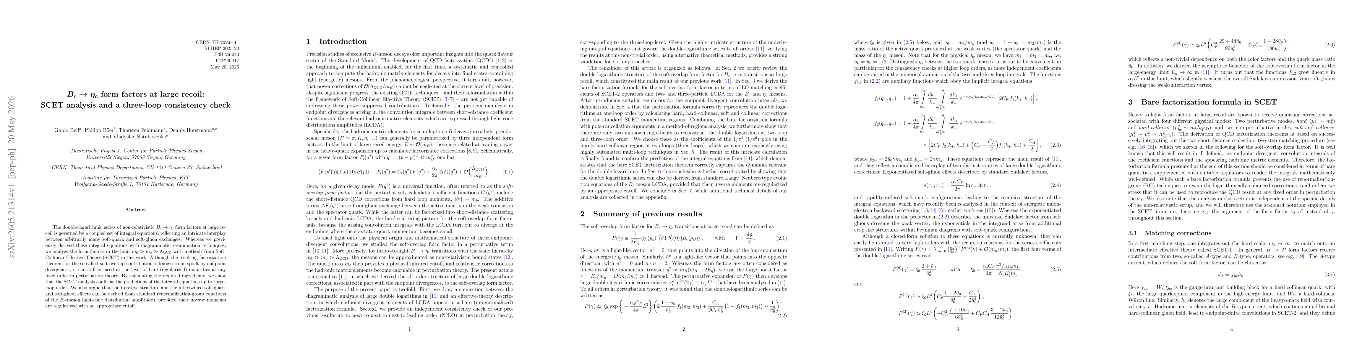 Thumbnail for $B_c \to η_c$ form factors at large recoil: SCET analysis and a three-loop consistency check