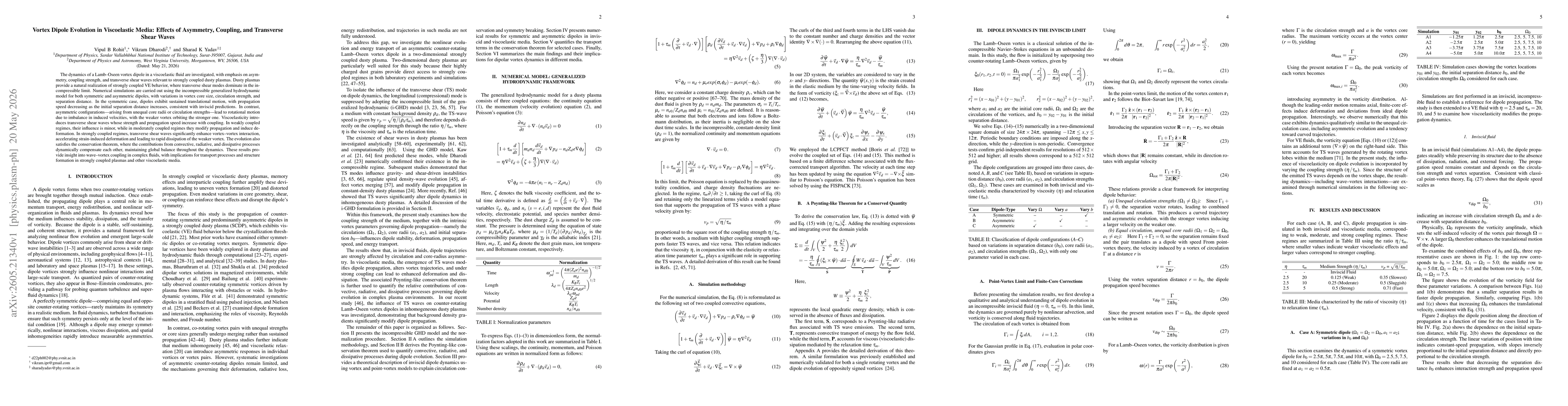 Thumbnail for Vortex Dipole Evolution in Viscoelastic Media: Effects of Asymmetry, Coupling, and Transverse Shear Waves