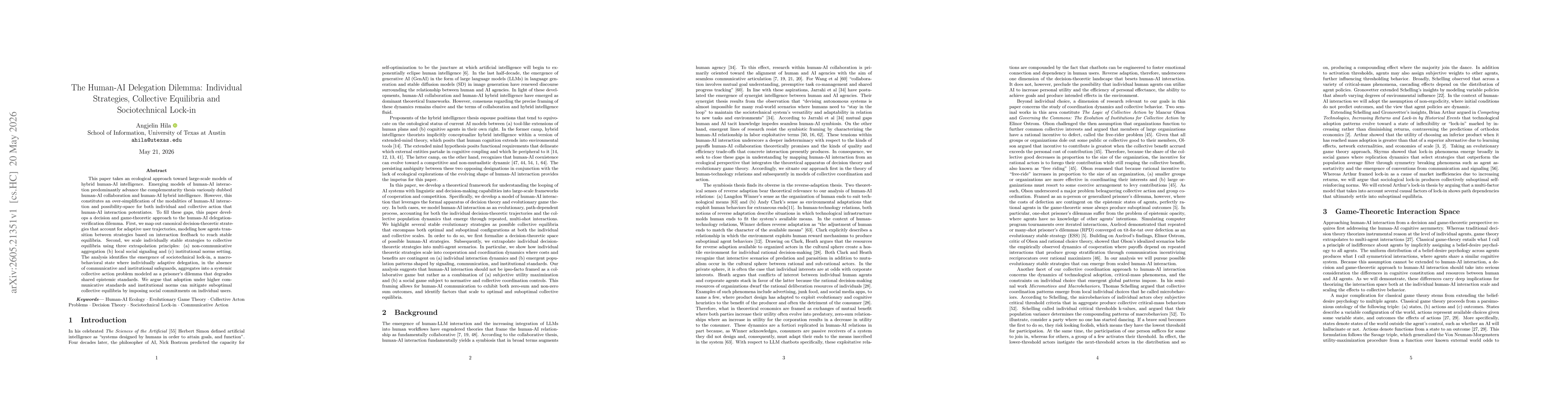 Thumbnail for The Human-AI Delegation Dilemma: Individual Strategies, Collective Equilibria and Sociotechnical Lock-in