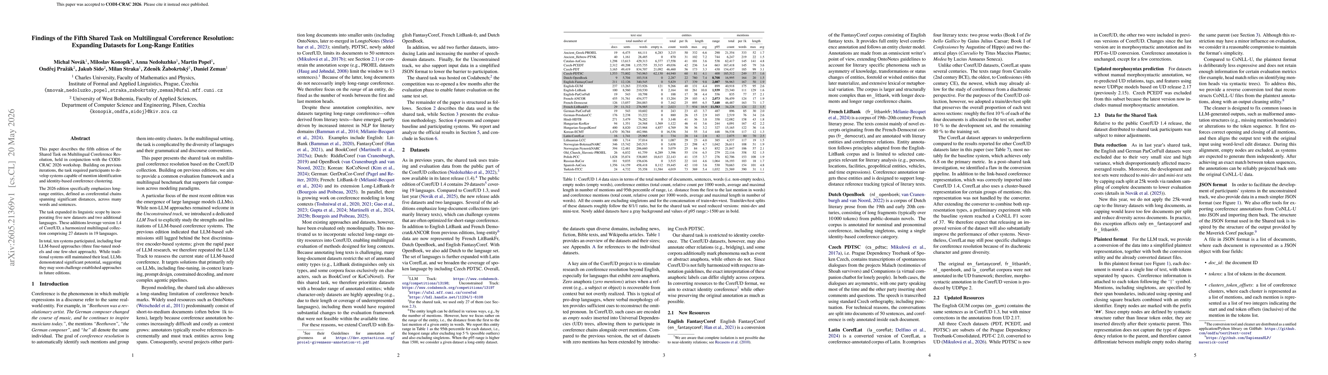 Thumbnail for Findings of the Fifth Shared Task on Multilingual Coreference Resolution: Expanding Datasets for Long-Range Entities
