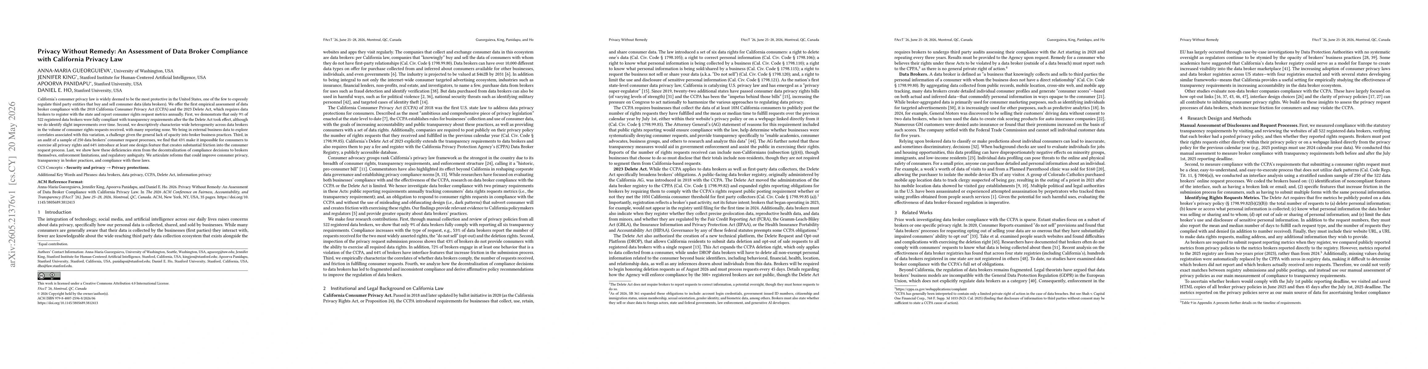 Thumbnail for Privacy Without Remedy: An Assessment of Data Broker Compliance with California Privacy Law