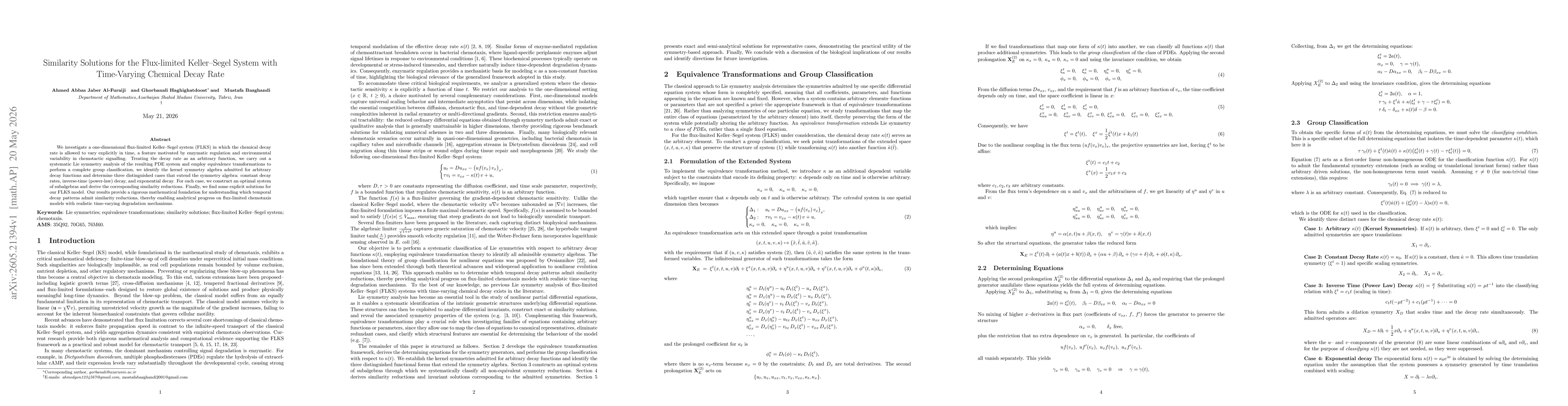 Thumbnail for Similarity Solutions for the Flux limited Keller Segel System with Time Varying Chemical Decay Rate