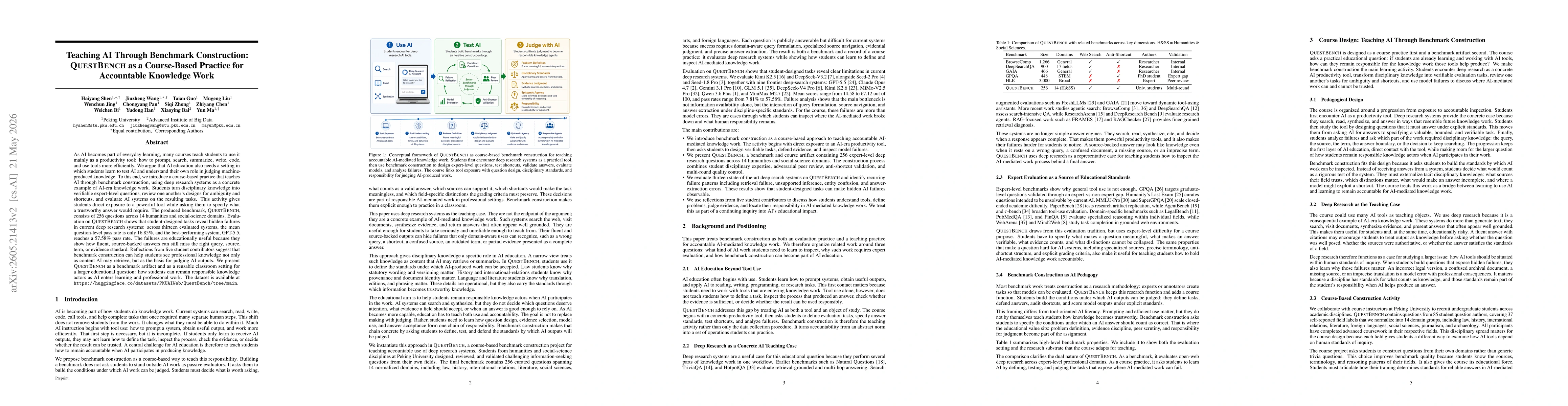 Thumbnail for Teaching AI Through Benchmark Construction: QuestBench as a Course-Based Practice for Accountable Knowledge Work