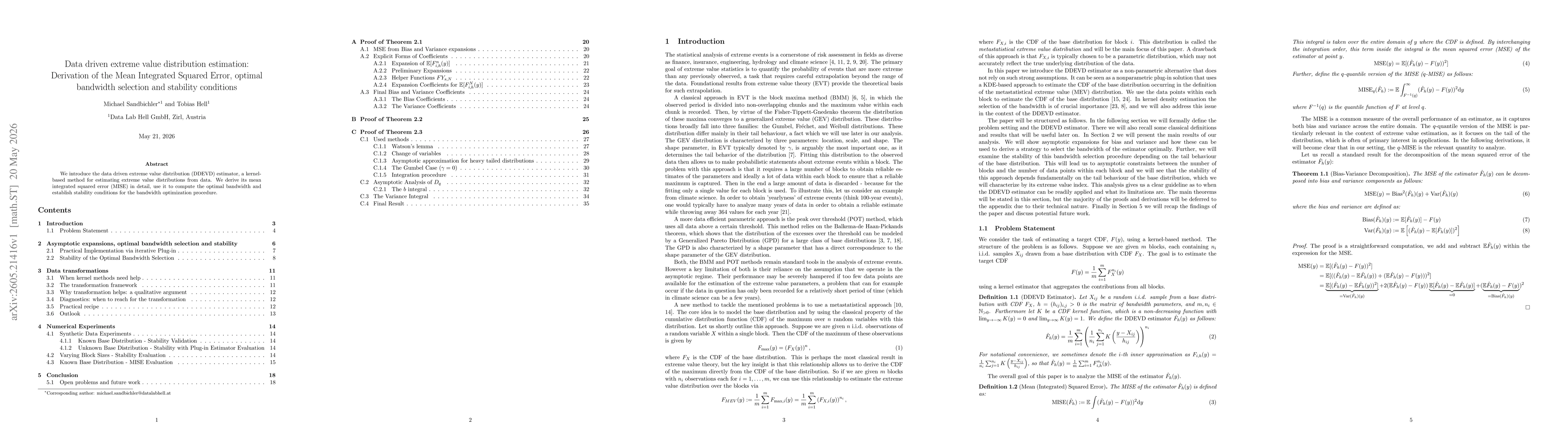 Thumbnail for Data driven extreme value distribution estimation: Derivation of the Mean Integrated Squared Error, optimal bandwidth selection and stability conditions