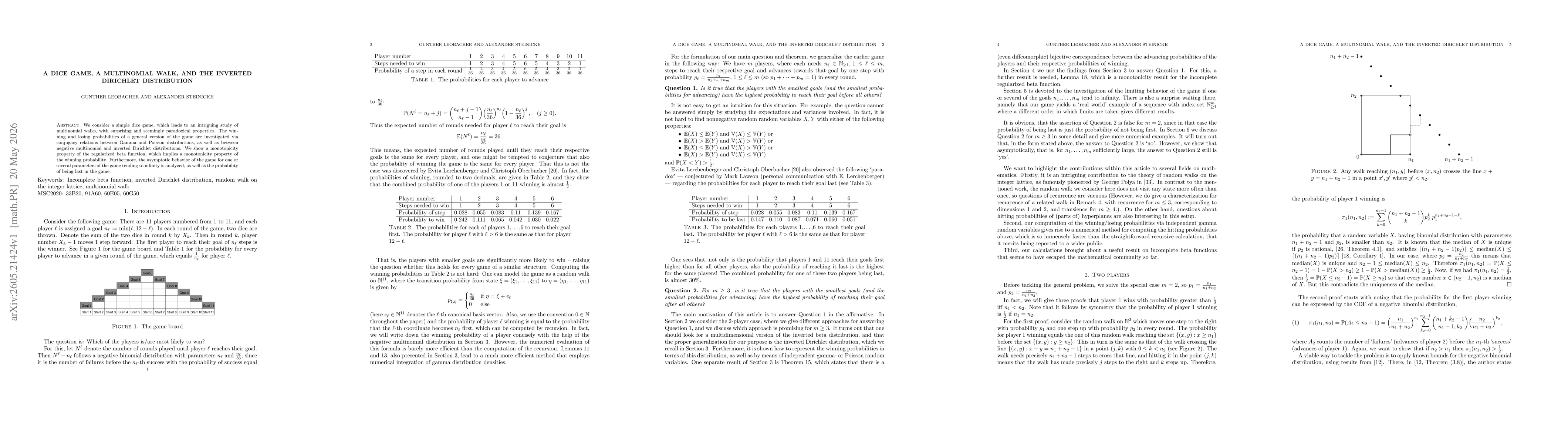 Thumbnail for A dice game, a multinomial walk, and the inverted Dirichlet distribution