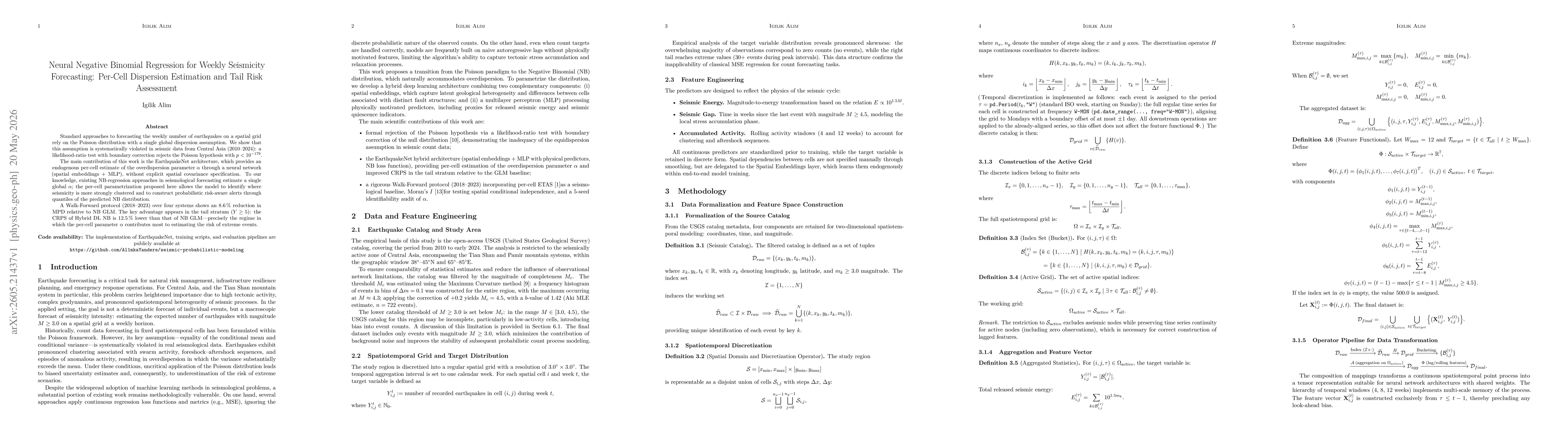 Thumbnail for Neural Negative Binomial Regression for Weekly Seismicity Forecasting: Per-Cell Dispersion Estimation and Tail Risk Assessment