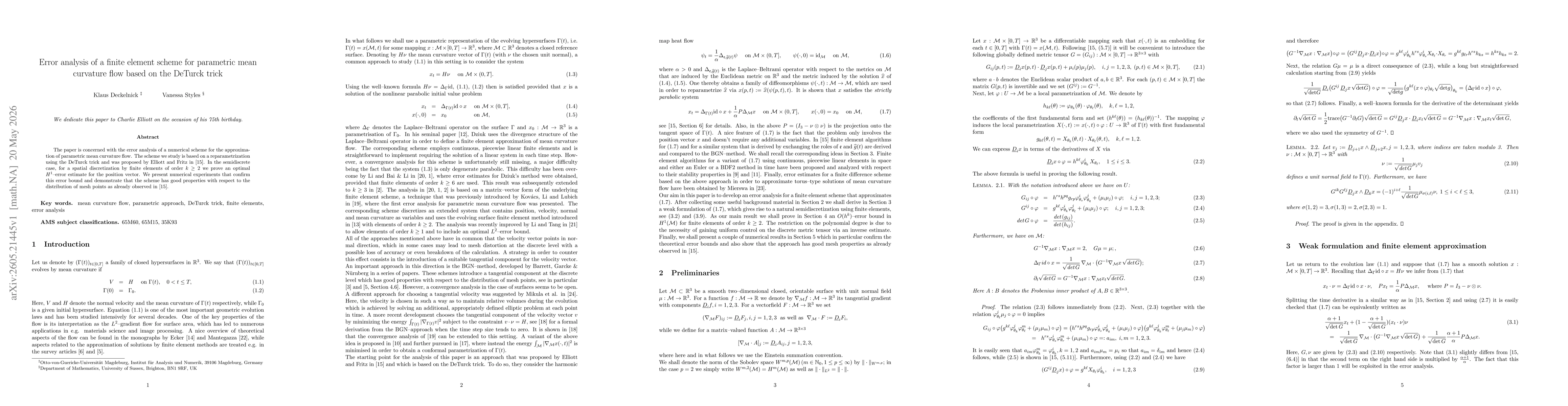 Thumbnail for Error analysis of a finite element scheme for parametric mean curvature flow based on the DeTurck trick